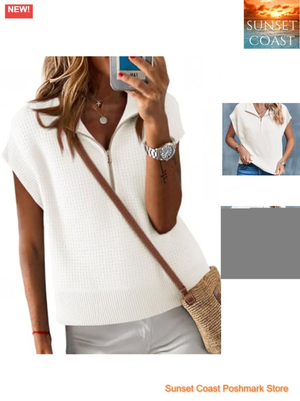 Cropped Knit Sweater Vest Half Zip Cap Sleeve Oversized Pullover Top